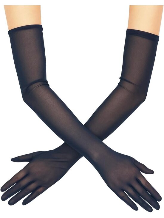Accessories - Women's Navy 1920s Stretchy Elbow Length Long Sheer Mesh Tulle Opera Gloves